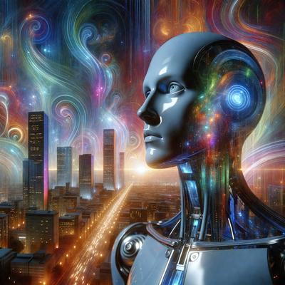 The primary subject of the image is a robotic head with a blue and silver color scheme. The robotic head is prominently displayed in the foreground, with a cityscape in the background. The visual style of the image is a combination of photo and digital art, creating a futuristic and technological atmosphere. The dominant colors in the image are blue and silver, which contribute to the robotic and futuristic theme.